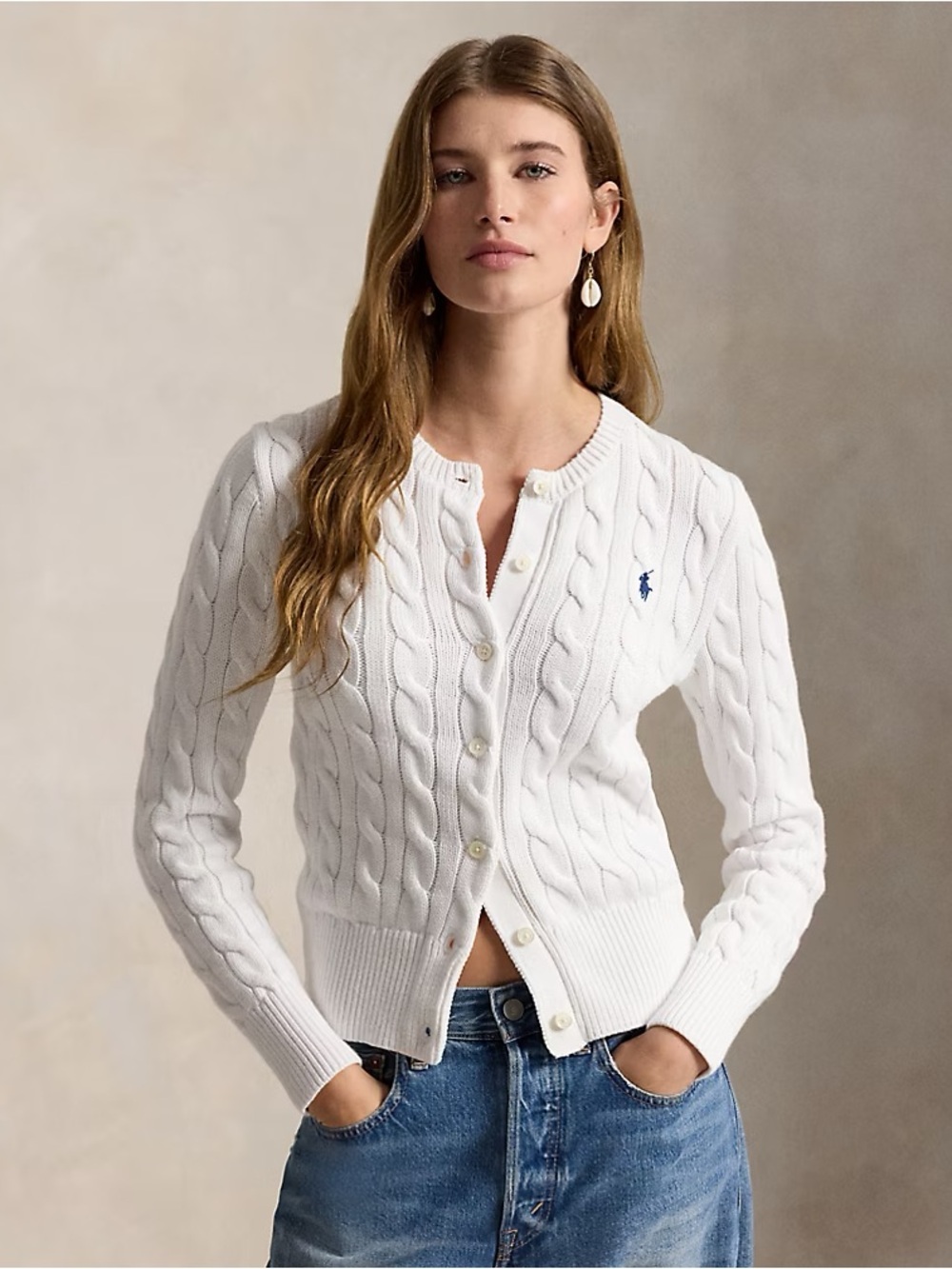 Ralph Lauren White Cable-Knit Crewneck Button Cardigan